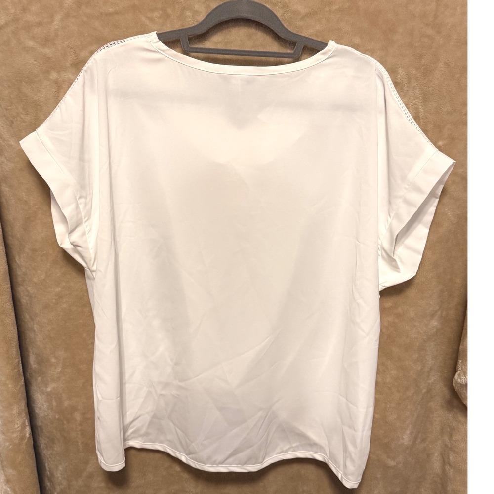 DOKOTOO Womens White V Neck Twisted Front Mesh Sleeve Top Blouse Shirt L - Picture 2 of 6